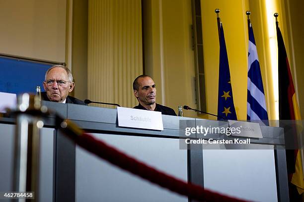 New Greek Finance Minister Yanis Varoufakis and German Finance Minister Wolfgang Schaeuble speak to the media following talks on February 5, 2015 in...