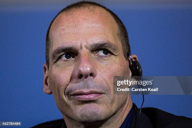 New Greek Finance Minister Yanis Varoufakis attends a pressconference with German Finance Minister Wolfgang Schaeuble following talks on February 5,...