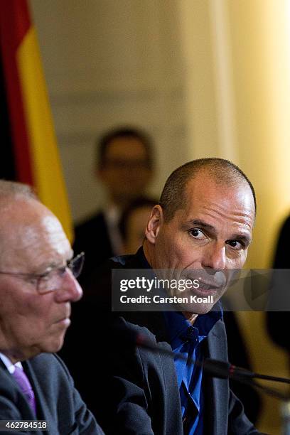 New Greek Finance Minister Yanis Varoufakis and German Finance Minister Wolfgang Schaeuble speak to the media following talks on February 5, 2015 in...