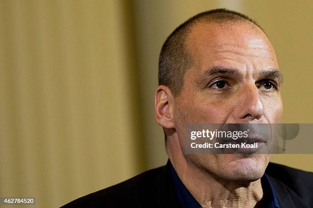 New Greek Finance Minister Yanis Varoufakis attends a pressconference with German Finance Minister Wolfgang Schaeuble following talks on February 5,...