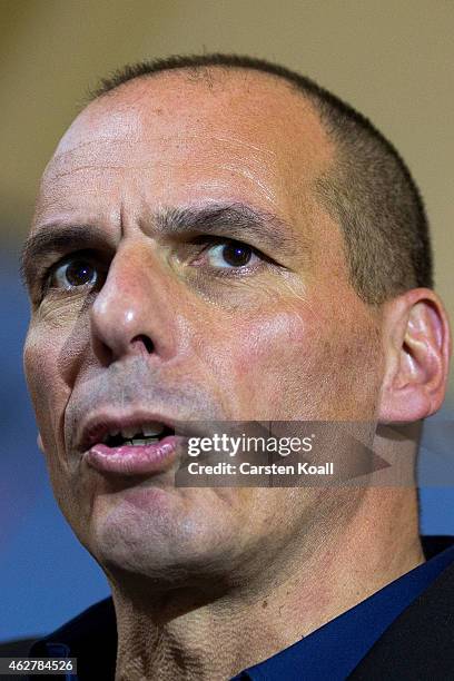 New Greek Finance Minister Yanis Varoufakis attends a pressconference with German Finance Minister Wolfgang Schaeuble following talks on February 5,...