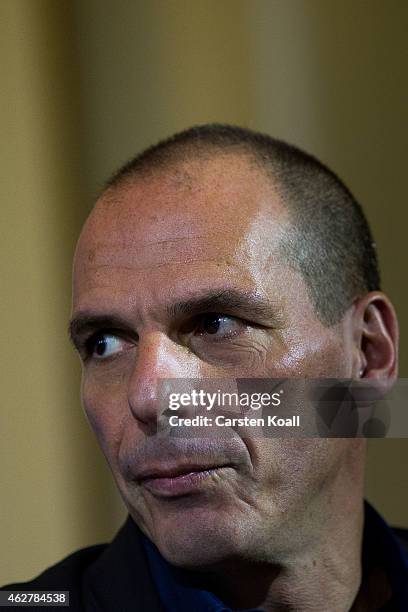 New Greek Finance Minister Yanis Varoufakis attends a pressconference with German Finance Minister Wolfgang Schaeuble following talks on February 5,...