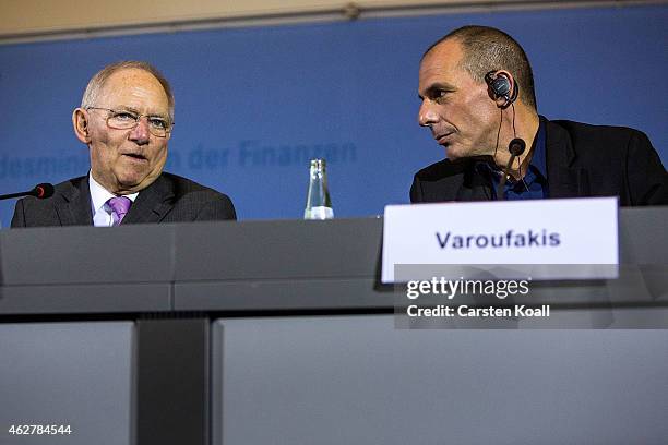 New Greek Finance Minister Yanis Varoufakis and German Finance Minister Wolfgang Schaeuble speak to the media following talks on February 5, 2015 in...