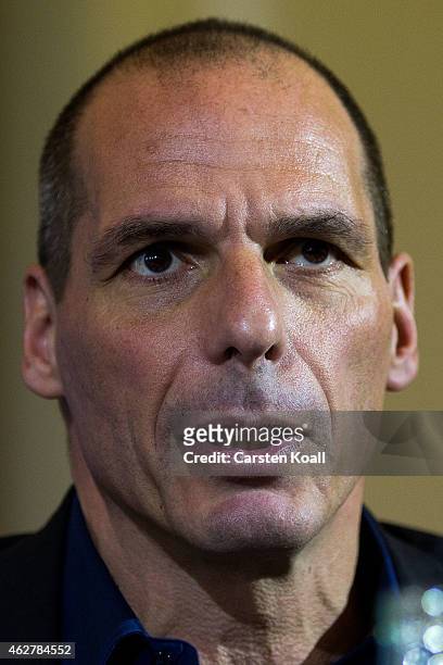 New Greek Finance Minister Yanis Varoufakis attends a pressconference with German Finance Minister Wolfgang Schaeuble following talks on February 5,...