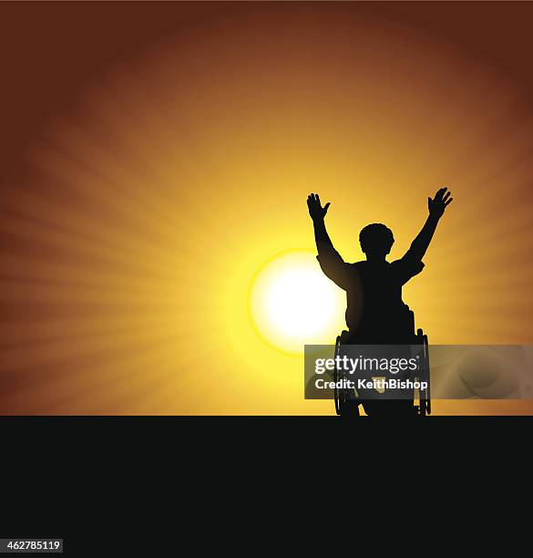 handicapped person raising hands in victory - paraplegic stock illustrations