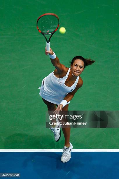 Heather Watson of Great Britain serves to Cagla Buyukakcay of Turkey during day two of the Fed Cup/Africa Group One tennis at Syma Event and Congress...