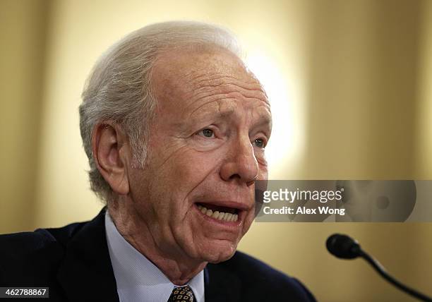 Former U.S. Sen. Joseph Lieberman testifies during a hearing before the House Homeland Security Committee January 15, 2014 on Capitol Hill in...