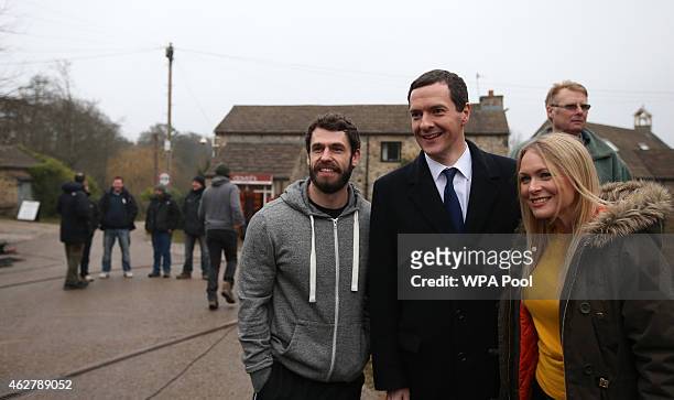Kelvin Fletcher, Chancellor Of The Exchequer George Osborne and Michelle Hardwick during a visit to the set of television series Emmerdale on the...