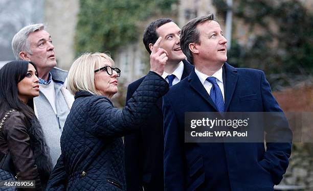 Director Peter Rose , Trudie Goodwin , Chancellor Of The Exchequer George Osborne and Prime Minister David Cameron during a visit to the set of...