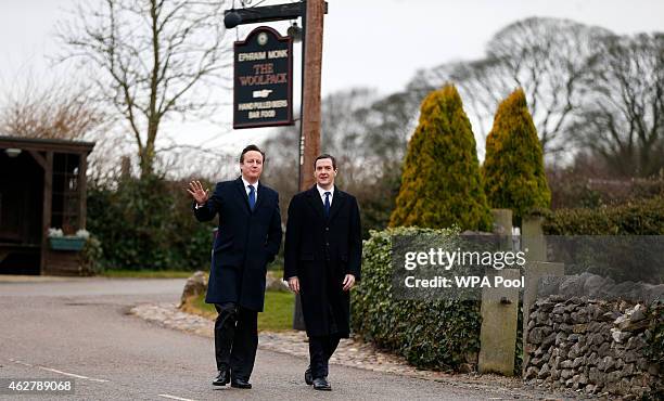 Chancellor Of The Exchequer George Osborne and Prime Minister David Cameron visit the set of television series Emmerdale on the Harewood Estate on...