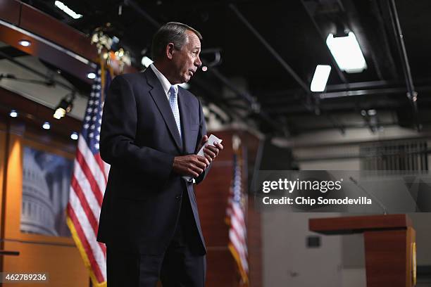 Speaker of the House John Boehner leaves his weekly news conference at the U.S. Capitol February 5, 2015 in Washington, DC. Boehner announced that...