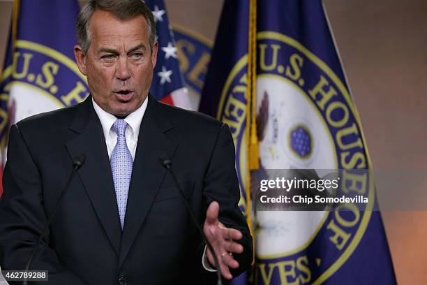 Speaker of the House John Boehner holds his weekly news conference at the U.S. Capitol February 5, 2015 in Washington, DC. Boehner announced that...