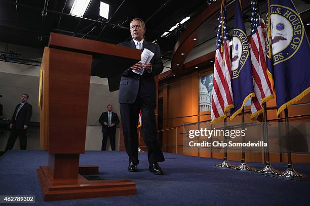 Speaker of the House John Boehner arrives for his weekly news conference at the U.S. Capitol February 5, 2015 in Washington, DC. Boehner announced...