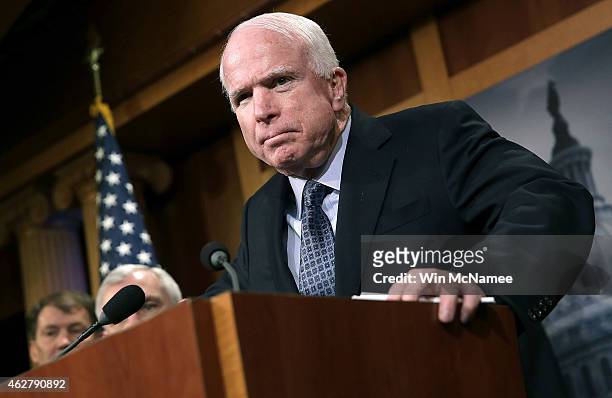 Sen. John McCain speaks during a press conference at the U.S. Capitol February 5, 2015 in Washington, DC. McCain and a group of bipartisan senators...