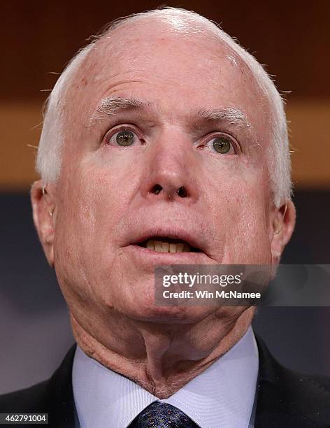 Sen. John McCain speaks during a press conference at the U.S. Capitol February 5, 2015 in Washington, DC. McCain and a group of bipartisan senators...