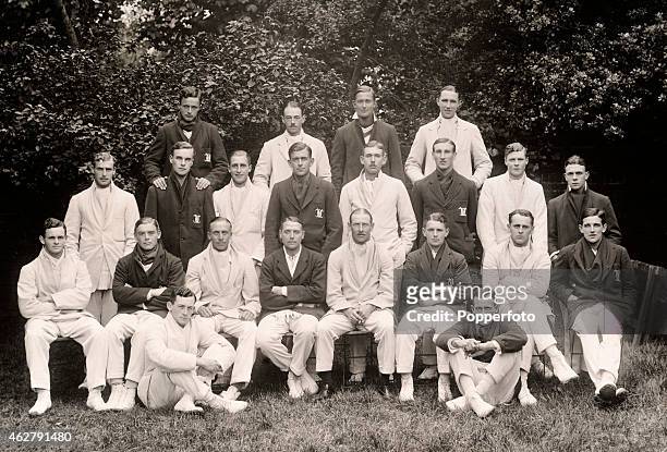 Combined team photograph of the Oxford and Cambridge University cricket teams at Lord's cricket ground prior to the annual Varsity match, 5th July...