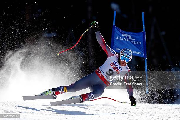 Bode Miller of the United States falls during the Men's Super-G on the Birds of Prey racecourse on Day 4 of the 2015 FIS Alpine World Ski...