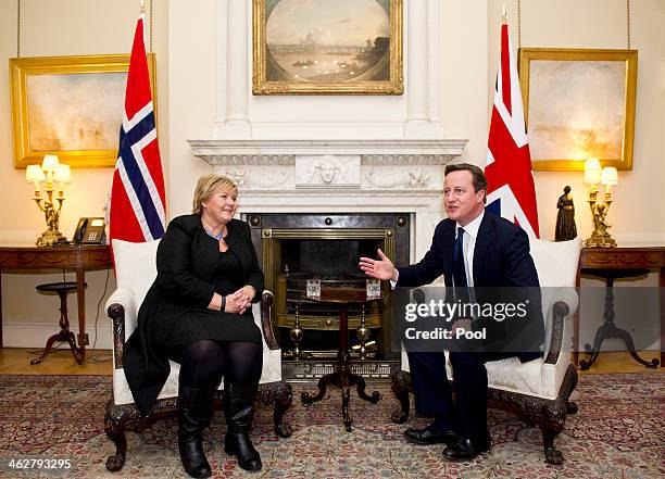 British Prime Minister David Cameron meets the Prime Minster of Norway Erna Solberg at 10 Downing Street on January 15, 2014 in London, England....