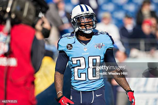 Chris Johnson of the Tennessee Titans warms up before a game against the Houston Texans at LP Field on December 29, 2013 in Nashville, Tennessee. The...