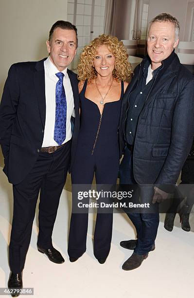 Duncan Bannatyne, Kelly Hoppen and Rory Bremner attend the global unveiling of Kelly Hoppen's new bathware collection with Apaiser at IRIS Studios on...