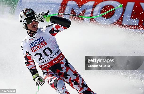 Hannes Reichelt of Austria reacts after crossing the finish of the Men's Super-G in Red Tail Stadium on Day 4 of the 2015 FIS Alpine World Ski...