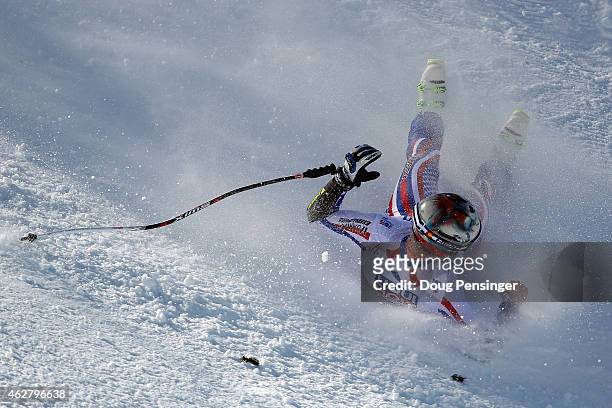 Alexander Glebov of Russia crashes during the Men's Super-G on the Birds of Prey racecourse on Day 4 of the 2015 FIS Alpine World Ski Championships...