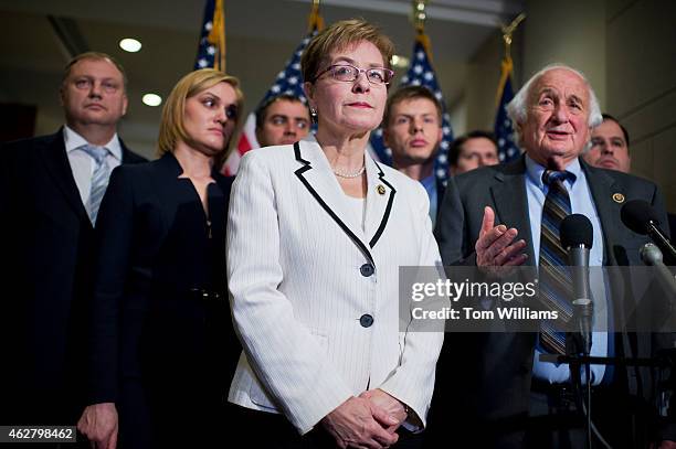 Reps. Marcy Kaptur, D-Ohio, and Sander Levin, D-Mich., conduct a news conference in the Capitol Visitor Center with members of the Ukrainian...