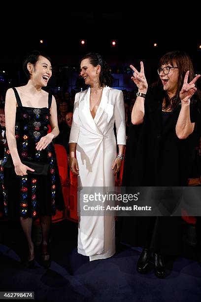 Rinko Kikuchi, Juliette Binoche and Isabel Coixet attend the opening ceremony at the 65th Berlinale International Film Festival at Berlinale Palace...