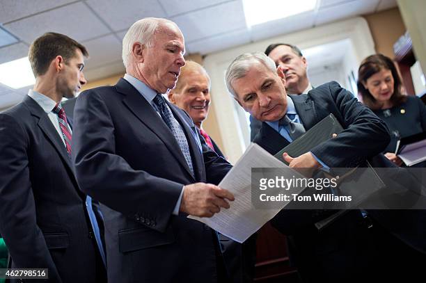 From left, Sens. Tom Cotton, R-Ark., John McCain, R-Ariz., Bill Nelson, D-Fla., Jack Reed, D-R.I., Joe Donnelly, D-Ind., and Kelly Ayotte, R-N.H.,...