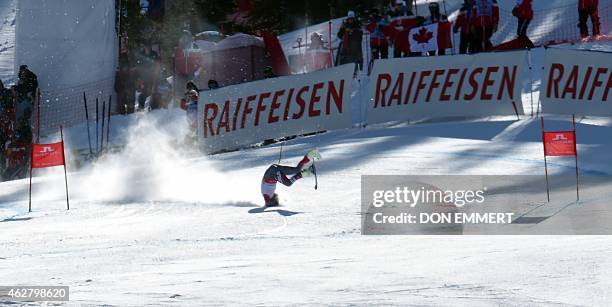 Bode Miller of the US flies through the air upside down after crashing during his run in the 2015 World Alpine Ski Championships men's Super G...