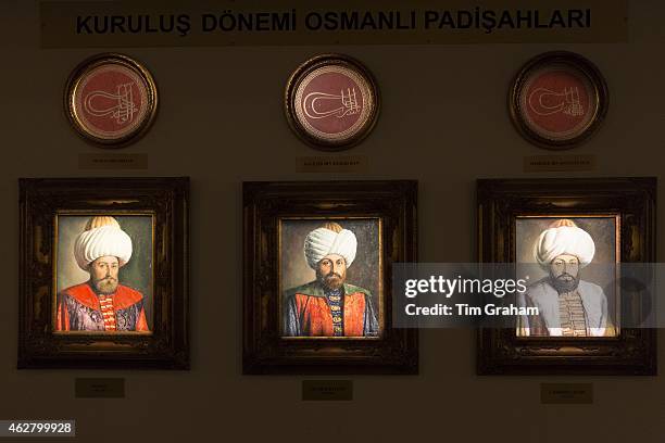 Sultan portrait paintings of the Ottoman Empire Murat, Yildirim Bayezit, Mehmet Celebi at Military Museum, Istanbul, Turkey
