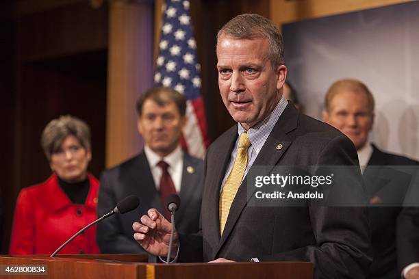 Senator Dan Sullivan speaks during a news conference with members of the Senate Armed Services Committee about arming Ukraine in the fight against...