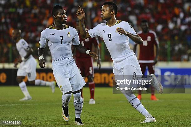 Jordan Ayew of Ghana reacts after scoring a goal during the 2015 African Cup of Nations semi-final football match between Equatorial Guinea and Ghana...