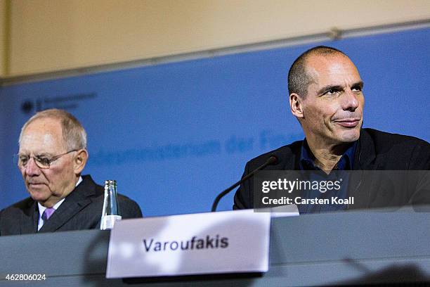 New Greek Finance Minister Yanis Varoufakis and German Finance Minister Wolfgang Schaeuble speak to the media following talks on February 5, 2015 in...