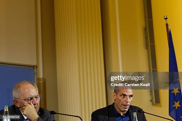 New Greek Finance Minister Yanis Varoufakis and German Finance Minister Wolfgang Schaeuble speak to the media following talks on February 5, 2015 in...