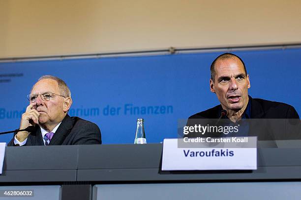 New Greek Finance Minister Yanis Varoufakis and German Finance Minister Wolfgang Schaeuble speak to the media following talks on February 5, 2015 in...