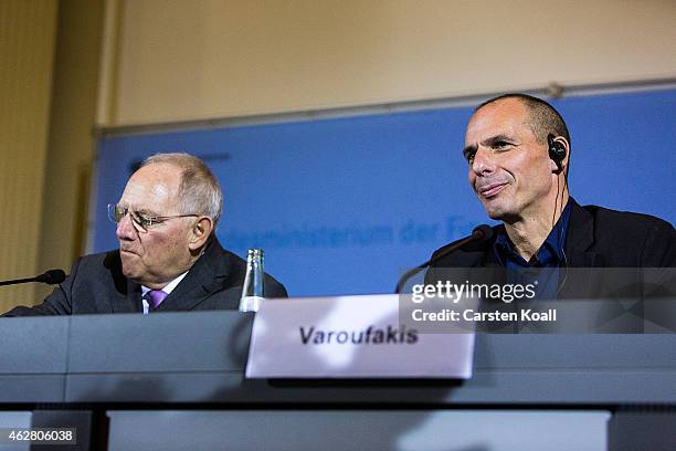 New Greek Finance Minister Yanis Varoufakis and German Finance Minister Wolfgang Schaeuble speak to the media following talks on February 5, 2015 in...