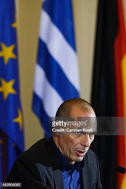 New Greek Finance Minister Yanis Varoufakis attends a press conference with German Finance Minister Wolfgang Schaeuble following talks on February 5,...