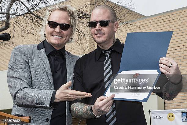 Matt Sorum and Carter Lay attend the Adopt the Arts Ribbon-Cutting Ceremony at Westminster Elementary School on February 5, 2015 in Venice,...