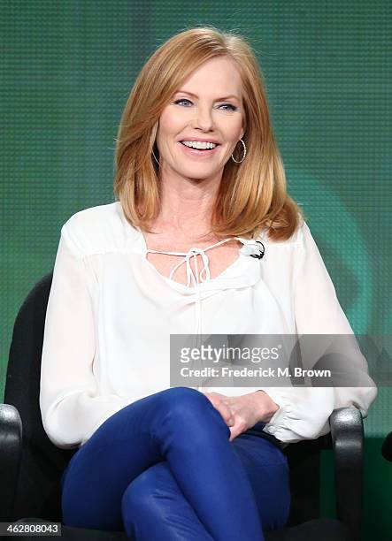 Actress Marg Helgenberger of the television show 'Intelligence' speaks onstage during the CBS portion of the 2014 Winter TCA tour at the Langham...