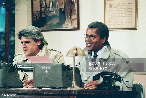 Episode 927 -- Pictured: Host Jay Leno and actor Clarence Williams III during the "Crime Novel" sketch on May 23, 1996 --