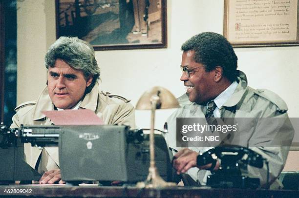 Episode 927 -- Pictured: Host Jay Leno and actor Clarence Williams III during the "Crime Novel" sketch on May 23, 1996 --