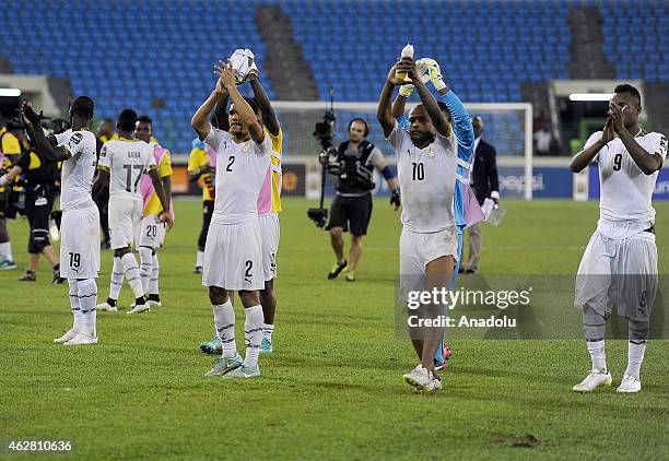 Ghana players celebrate after winning the 2015 African Cup of Nations semi-final football match against Equatorial Guinea at the Malabo Stadium on...