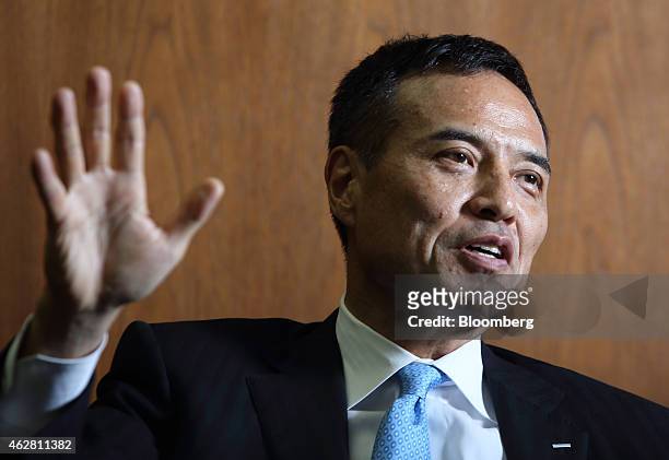 Takeshi Niinami, president of Suntory Holdings Ltd., gestures as he speaks during an interview in Tokyo, Japan, on Thursday, Feb. 5, 2015. Suntory,...
