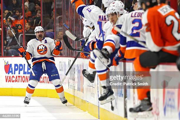 Cal Clutterbuck of the New York Islanders reacts after scoring a goal against the Philadelphia Flyers in the second period at Wells Fargo Center on...
