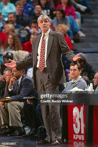 Vancouver Grizzlies head coach Brian Winters looks on against the Sacramento Kings during a game played on April 8, 1997 at Arco Arena in Sacramento,...