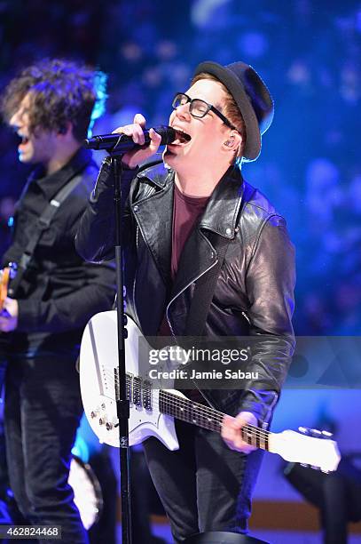 Lead singer Patrick Stump and Fall Out Boy perform during the first intermission of the 2015 Honda NHL All-Star Game at Nationwide Arena on January...