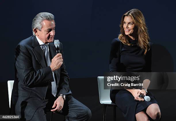 Model, OMEGA Brand Ambassador Cindy Crawford and President of OMEGA Stephen Urquhart speak on stage at the screening of "The Hospital In The Sky"...