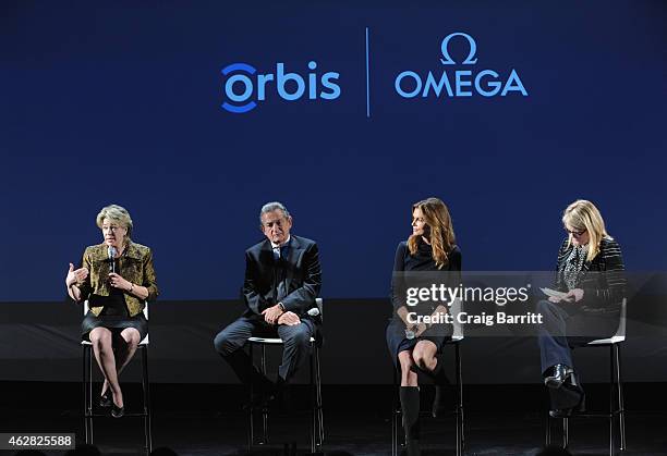 Jenny Hourihan, Cindy Crawford, Stephen Urquhart and moderator Kate Betts speak on stage at the screening of "The Hospital In The Sky" presented by...