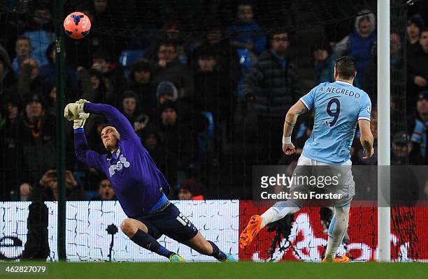 Alvaro Negredo of Manchester City scores the second goal past Simon Eastwood of Blackburn Rovers during the Budweiser FA Cup Third Round Replay match...